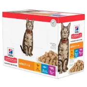 Снимка на Hill’s Science Plan Feline Adult FAVOURITE SELECTION – Колекция от 12 паучове – малки късчета в сос Грейви за котки 1-6 години. /6 x с телешко, 3 x с пилешко, 3 x с океанска риба 1