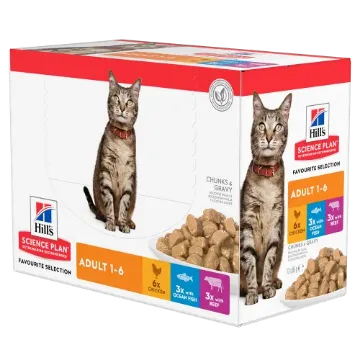 Показвай детайлите за Hill’s Science Plan Feline Adult FAVOURITE SELECTION – Колекция от 12 паучове – малки късчета в сос Грейви за котки 1-6 години. /6 x с телешко, 3 x с пилешко, 3 x с океанска риба Снимка на Hill’s Science Plan Feline Adult FAVOURITE SELECTION – Колекция от 12 паучове – малки късчета в сос Грейви за котки 1-6 години. /6 x с телешко, 3 x с пилешко, 3 x с океанска риба