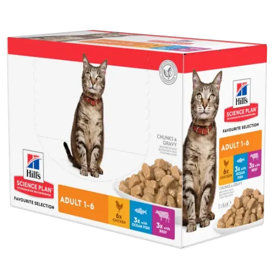 Снимка на Hill’s Science Plan Feline Adult FAVOURITE SELECTION – Колекция от 12 паучове – малки късчета в сос Грейви за котки 1-6 години. /6 x с телешко, 3 x с пилешко, 3 x с океанска риба