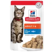 Снимка на Hill’s Science Plan Feline Adult FAVOURITE SELECTION – Колекция от 12 паучове – малки късчета в сос Грейви за котки 1-6 години. /6 x с телешко, 3 x с пилешко, 3 x с океанска риба 2