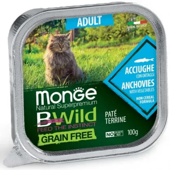 Снимка на Monge Natural Superpremium BWild Grain Free Adult - Премиум пастет за израснали котки, без зърно , с аншоа и зеленчуци, 100 гр./ 5 броя