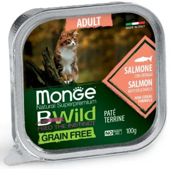 Снимка на Monge Natural Superpremium BWild Grain Free Adult Salmon - Премиум пастет за израснали котки, без зърно , със сьомга и зеленчуци, 100 гр./ 5 броя