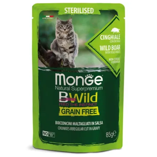 Снимка на Monge Natural Superpremium BWild Grain Free Sterilised Cat - Премиум пауч за кастрирани израснали котки, без зърно, с хапки глиганско месо и зеленчуци в сос, 85 гр./6 броя