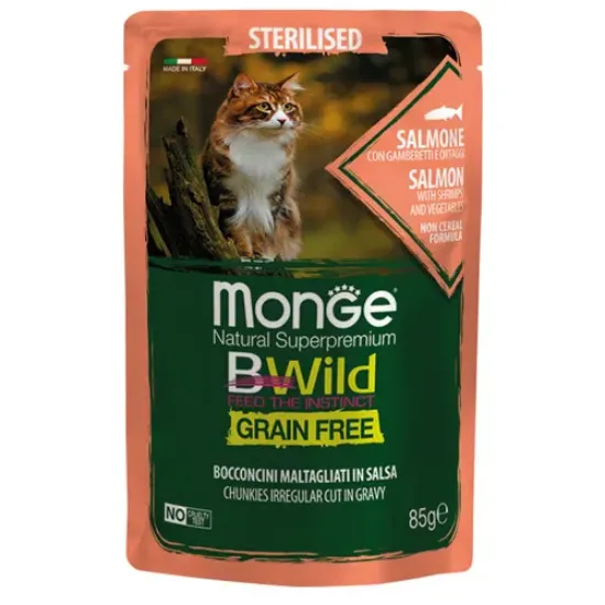 Снимка на Monge Natural Superpremium BWild Grain Free Sterilised - Премиум пауч за израснали кастрирани котки, без зърно, със сьомга, скариди и зеленчуци, 85 гр./ 6 броя