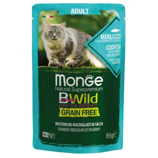 Снимка на Monge Natural Superpremium BWild Grain Free Adult - Премиум пауч за израснали котки, с риба треска, скариди и зеленчуци, 85 гр./ 6 броя