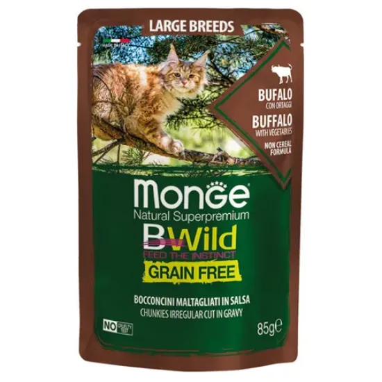 Снимка на Monge Natural Superpremium BWild Grain Free All Life Stage Large Breeds - Премиум пауч за израснали котки от едри породи, без зърно, с биволско месо и зеленчуци, 85 гр./6 броя
