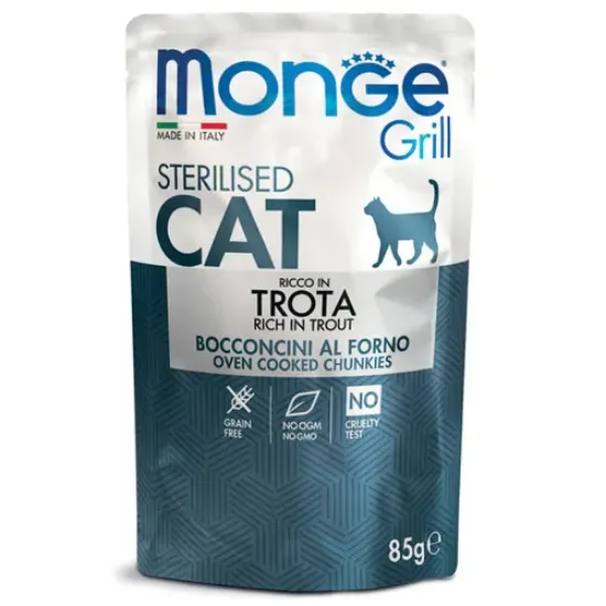 Снимка на Monge Grill Sterilised Cat – Chinkies in Jelly – Trout - Премиум пауч за кастрирани израснали котки, вкусни хапки пъстърва в желе, 85 гр./ 6 броя