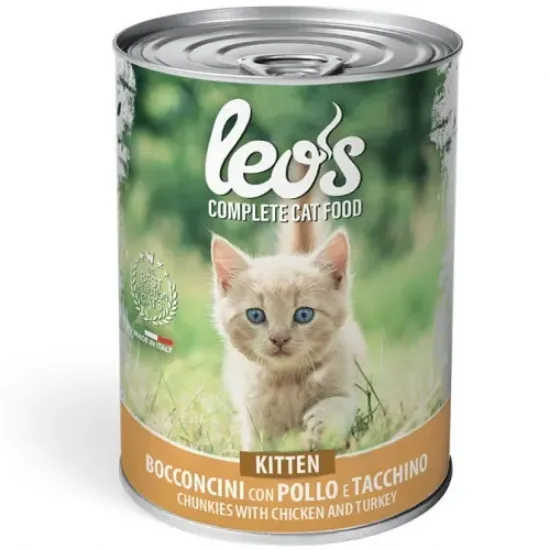 Снимка на Leo’s Chunkies with Chicken and Turkey – Kitten - Пълноценна консервирана храна за подрастващи котки с пилешко и пуешко месо, 415 гр./5 броя