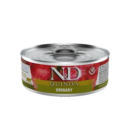 Снимка на N&D Quinoa Cat Urinary - Пълноценна мокра диетична храна за котки в зряла възраст за намаляване на повторната поява на струвити камъни и заболявания на долните пикочни пътища, 80 гр. / 3 броя