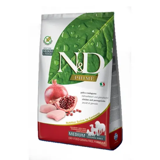 Снимка на N&D PRIME Adult Medium&Maxi Chicken&Pomegranate – Пълноценна суха храна за кучета в зряла възраст от средни и едри породи, без зърно, с пилешко месо и нар, 12 кг.