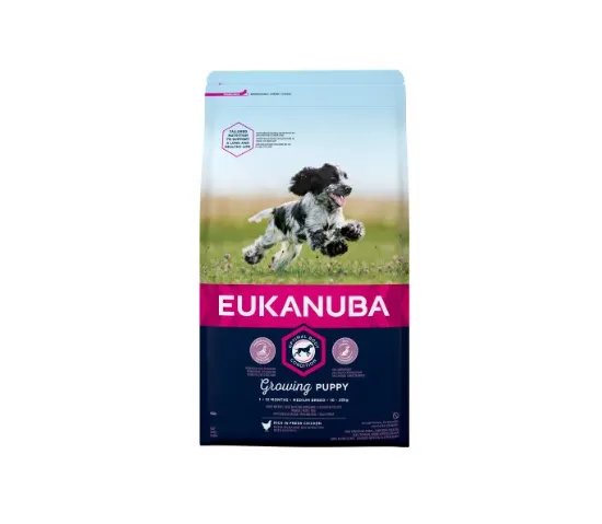 Снимка на Eukanuba Dog Puppy Medium - Пълноценна суха храна за подрастващи кучета от средни породи с пилешко месо, 15 кг.