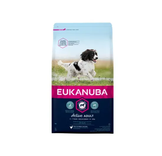 Снимка на Eukanuba Adult Medium Breed - Пълноценна суха храна за изранали кучета от средни породи с пилешко месо, 15 кг.