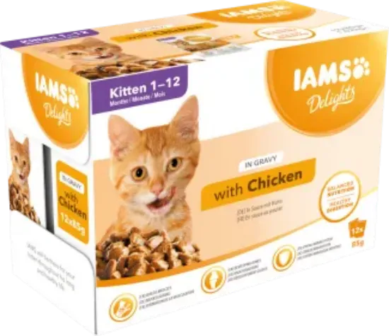 Снимка на Iams cat pouch Kitten gravy - Пауч за котки с вкусни пилешко в сос грейви, 12 броя х 85 гр.