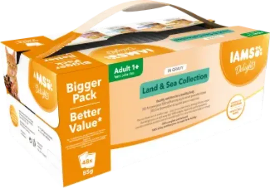 Снимка на Iams Delights Land & Sea Collection in Gravy - Вкусни паучове за израснали котки с пикантно пиле и пуйка, агнешко и червен пипер, дива риба тон и грах и сьомга на пара и треска, 40 х 85 гр.