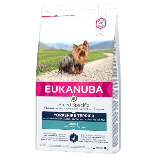Снимка на Eukanuba Adult Breed Specific Yorkshire Terrier - Пълноценна суха храна за израснали кучета от порода Йоркшир Териер с пилешко и пуешко месо, 2 кг.