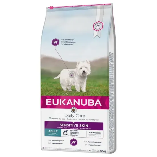 Снимка на Eukanuba Daily Care Adult Sensitive Skin - Пълноценна суха храна за израснали кучета с чувствителна кожа, непоносимост към пилешко месо, 12 кг.