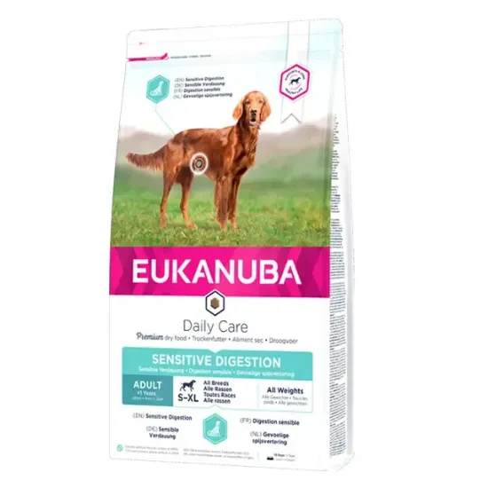 Снимка на Eukanuba Daily Care Adult Sensitive Digestion - Пълноценна суха храна за израснали кучета с чувствително храносмилане, с пилешко месо, 12 кг.
