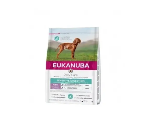 Снимка на Eukanuba daily Care Puppy Sensitive Dog - Пълноценна суха храна за подрастващи кучета с чувствителен стомах с пилешко и пуешко месо, 12 кг.
