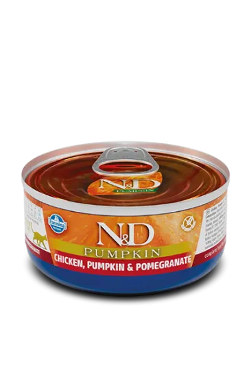Снимка на N&D Cat Chicken, Pumpkin & Pomegranate Can - Консервирана храна за израснали коти с пилешко, тиква и нар, 70 гр./ 3 броя