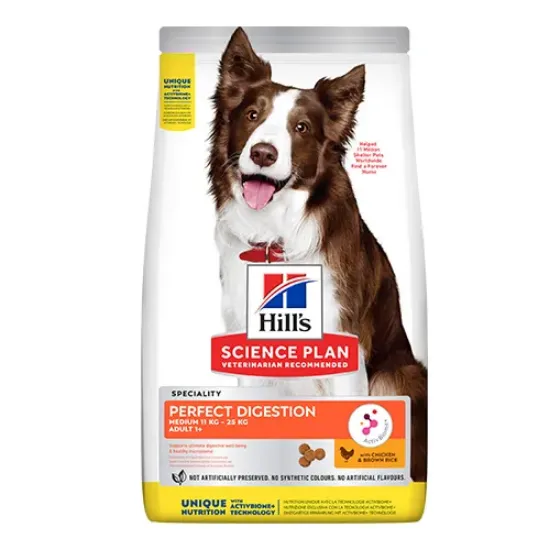 Снимка на Hill’s Science Plan Perfect Digestion Medium Adult Dog - Пълноценна суха храна за израснали кучета над 1г. от средни породи 11-25 кг. с пилешко месо и кафяв ориз, 14 кг.