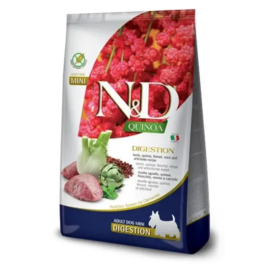 Снимка на N&D Qуinoa Difestion Mini Lamb – Пълноценна храна за кучета от дребните и мини породи (до 10кг) в зряла възраст с агнешко, киноа, копър, мента и артишок, 800 гр.