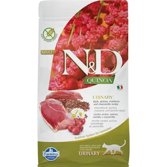 Снимка на N&D Quinoa URINARY с патешко месо – Пълноценна храна за котки в зряла възраст за възстановяване на здравето на уринарния тракт с патешко месо, киноа, червена боровинка и лайка, 5 кг.