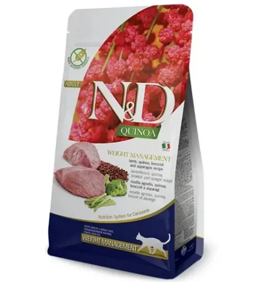Снимка на N&D Quinoa Weight Management Lamb Broccoli – Пълноценна суха храна с киноа за котки над една година, за контрол на теглото с агнешко, броколи и аспержи 5 кг.