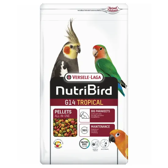 Снимка на Versele-Laga Nutribird G14 Tropical - Пълноценна поддържаща храна за средни папагали, екструдирани пелети – многоцветни, 1 кг.