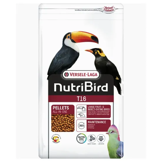 Снимка на Versele-Laga Nutribird T16 - Пълноценна ежедневна храна за големи птици, хранещи се с плодове и насекоми – eкструдирани пелети, 10 кг.