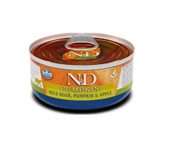 Снимка на N&D Cat Boar Pumpkin & Apple - Пълноценна консервирана храна за котки в зряла възраст, плешка от глиган с ябълки, 70 гр./ 3 броя