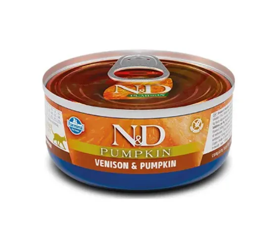 Снимка на N&D Cat Venison & Pumpkin - Пълноценна консервирана храна за котки в зряла възраст с еленска плешка, пилешко филе, пилешки бутчета и тиква, 70 гр./ 3 броя