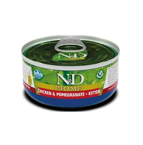 Снимка на N&D Cat Prime Chicken & Pomegranate Kitten - Пълноценна храна за подрастващи котенца, бременни и кърмещи котки с пилешко филе, пилешко бутче и нар, 70 гр./ 3 броя