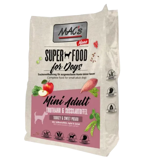 Снимка на Mac's Dog Mono MINI - Пълноценна суха храна за израснали кучета от мини породи с пуешко месо и сладки картофи, 750 гр.