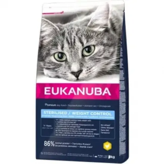 Снимка на Eukanuba Cat - Пълноценна и балансирана храна за кастрирани котки и котки с наднормено тегло, 2 кг.