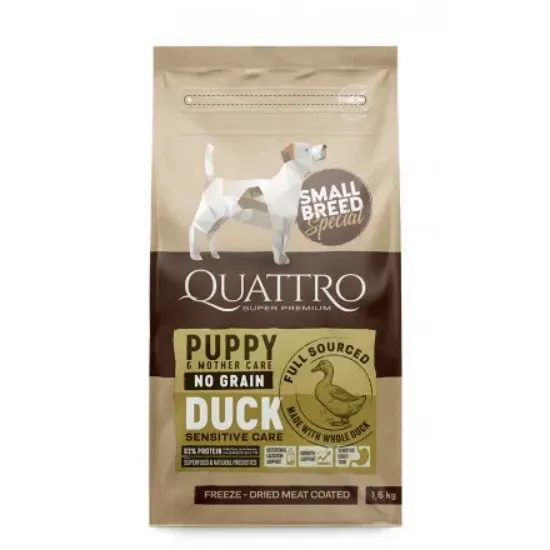 Снимка на Quattro Small Breed - Пълноценна храна за кученца от малки породи до 2 месеца, бременни и кърмещи женски кучета с месо от патица, 1.5 кг.