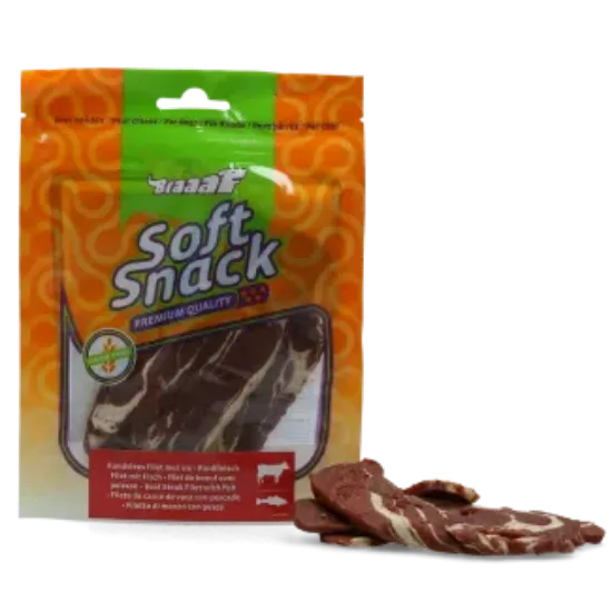 Снимка на Braaaf Soft Snack Filet Beaf Аnd Fish - Меки лакомства за кучета, вкусни филета говеждо и риба, 85 гр./2 пакета