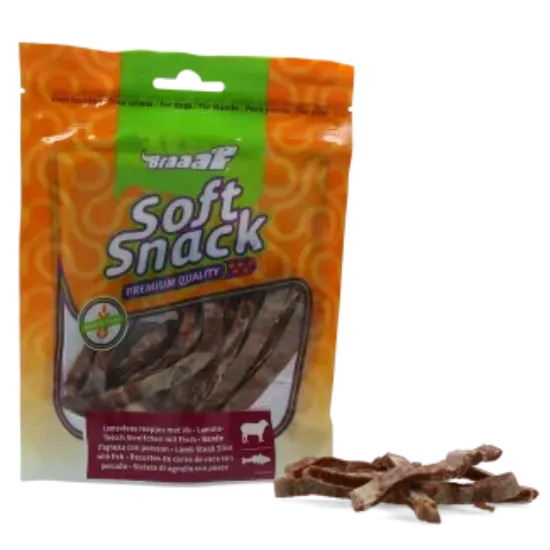 Снимка на Braaaf Soft Snack - Меки лакомства за кучета, вкусни ленти с агнешко и риба - 85 гр