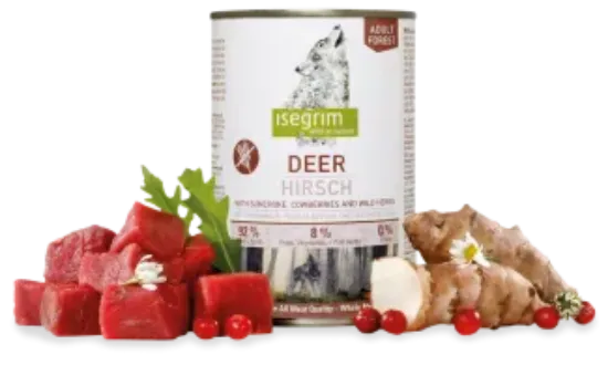 Снимка на Isegrim - Висококачествена консервирана храна за израснали кучета с месо от елен, земна ябълка, боровинки и билки, 400 гр