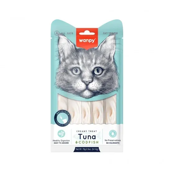 Снимка на Wanpy Creamy Tuna and cod 5 x 14 г - Премиум клас кремообразно лакомство за котки с риба тон и треска, 5 порции в пакет/ 2 пакета