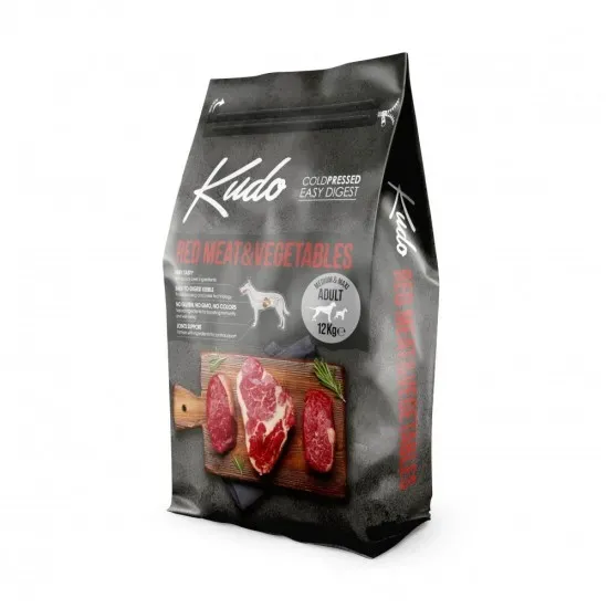 Снимка на Kudo Low Grain Red Meat / Vegetables Medium-Maxi Adult - Пълноценна суха храна за средни/едри породи над 1 год (червен) с телешко и свинско месо, 12 кг.