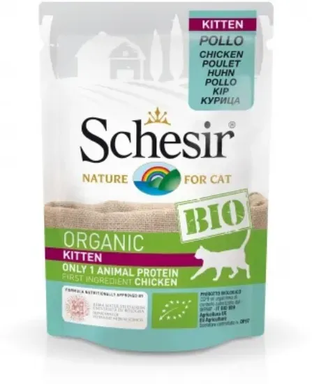 Снимка на Schesir Cat Bio - Био пауч за подрастващи котки, без зърно, със пилешко месо, 85 гр./3 броя