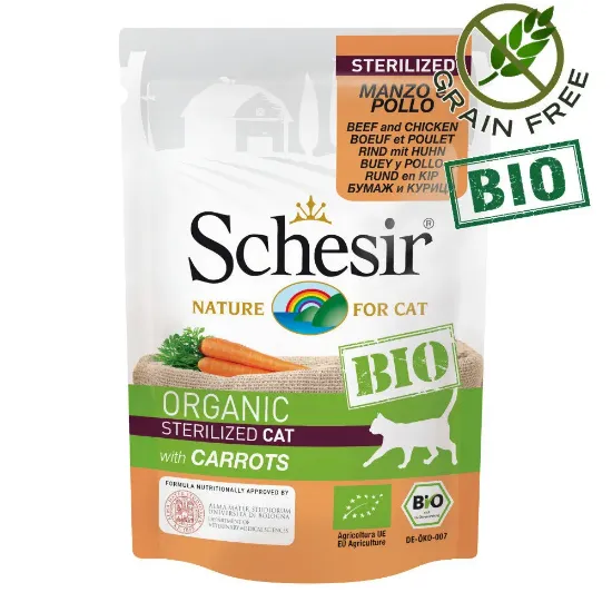 Снимка на Schesir Cat Bio - Био пауч за израснали и кастрирани котки, без зърно, с говеждо, пилешко месо и моркови, 85 гр./3 броя