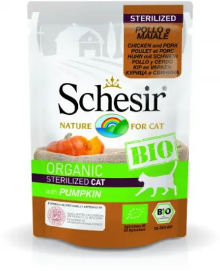 Снимка на Schesir Cat Bio - Био пауч за израснали и кастрирани котки, без зърно, със свинско, пилешко месо и тиквички, 85 гр./3 броя