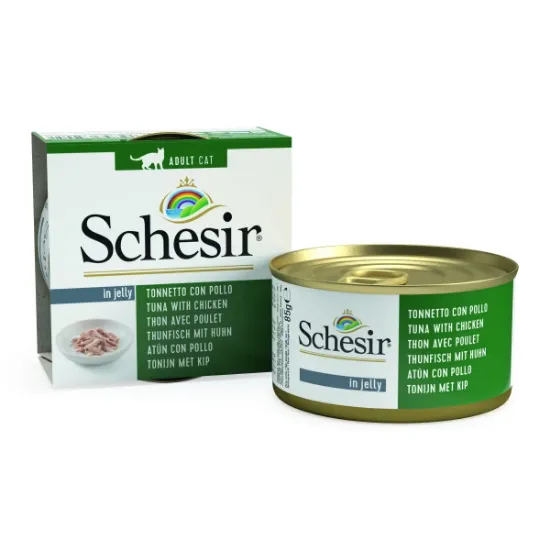 Снимка на Schesir Cat Tuna with Chicken Fillets - Консерва за котки с риба тон и пилешки филенца в желе, 85 гр./ 3 броя