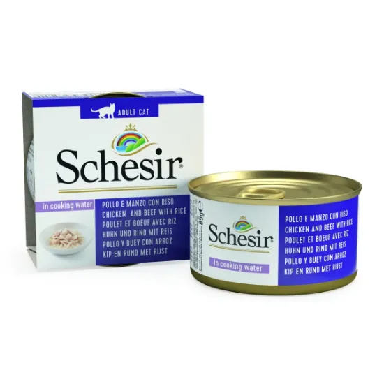 Снимка на Schesir Cat Chicken & Beef Natural - Консерва за израснали котки с пилешки и говежди филенца в собствен сос с ориз, 85 гр./ 3 броя
