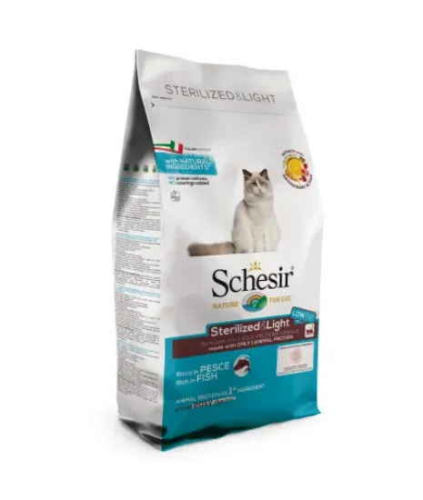 Снимка на Schesir Sterilized & Light with Fish - Пълноценна суха храна за израснали котки, с риба, за кастрирани или с наднормено тегло, 10 кг.
