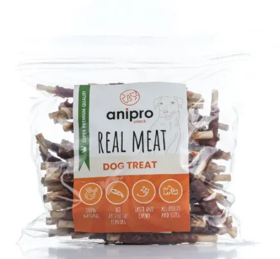 Снимка на Anipro Real Meat - Лакомство за кучета, солети от телешка кожа обвити с патешко месо 12 см - 1 кг.