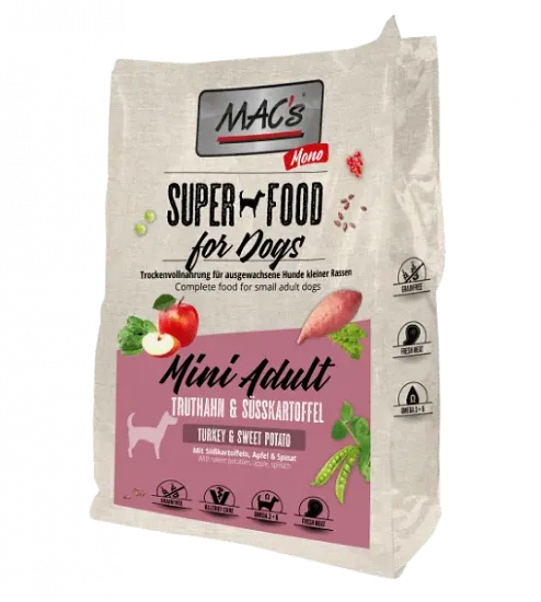 Снимка на Mac's Monoprotein Mini - Пълноценна храна за израснали кучета от малки и мини породи, с прясно пуешко и сладък картоф, 7 кг.
