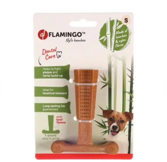 Снимка на Flamingo Toy Bamboo Medium - Дентална играчка за кучета от бамбук и найлон с вкус на говеждо, 14.5 см.