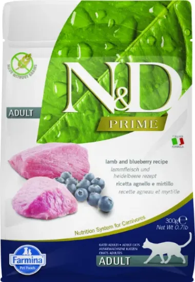 Снимка на N&D PRIME FELINE LAMB&BLUEBERRY ADULT – Пълноценна суха храна за котки в зряла възраст с агнешко и боровинки, 300 гр.